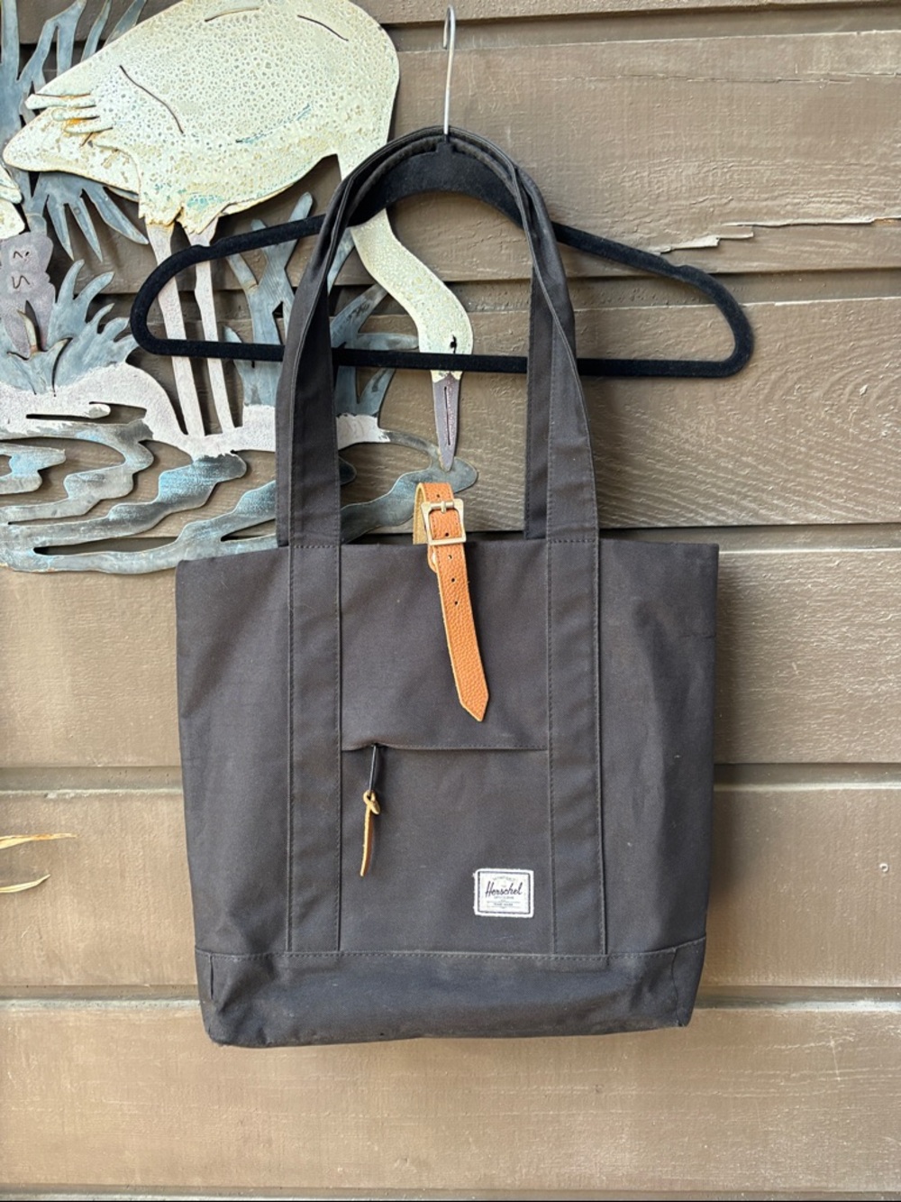 Herschel Supply Company Black Canvas Bag Tote with Tan Leather Strap - Picture 3 of 11